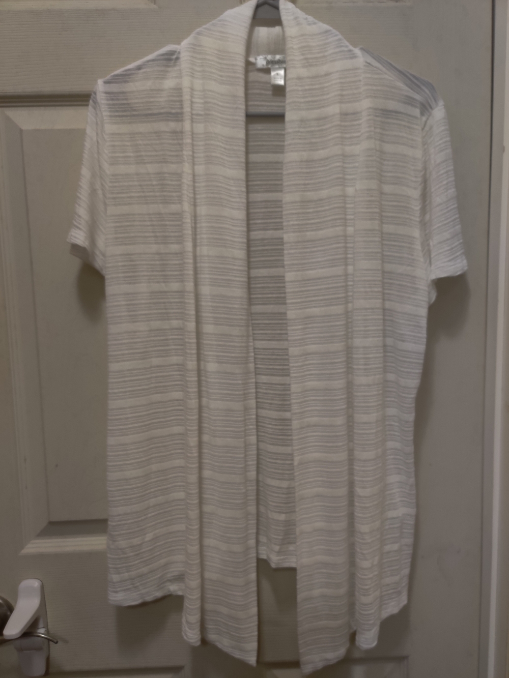 dressbarn White Striped Open-Front Short-Sleeve Cardigan